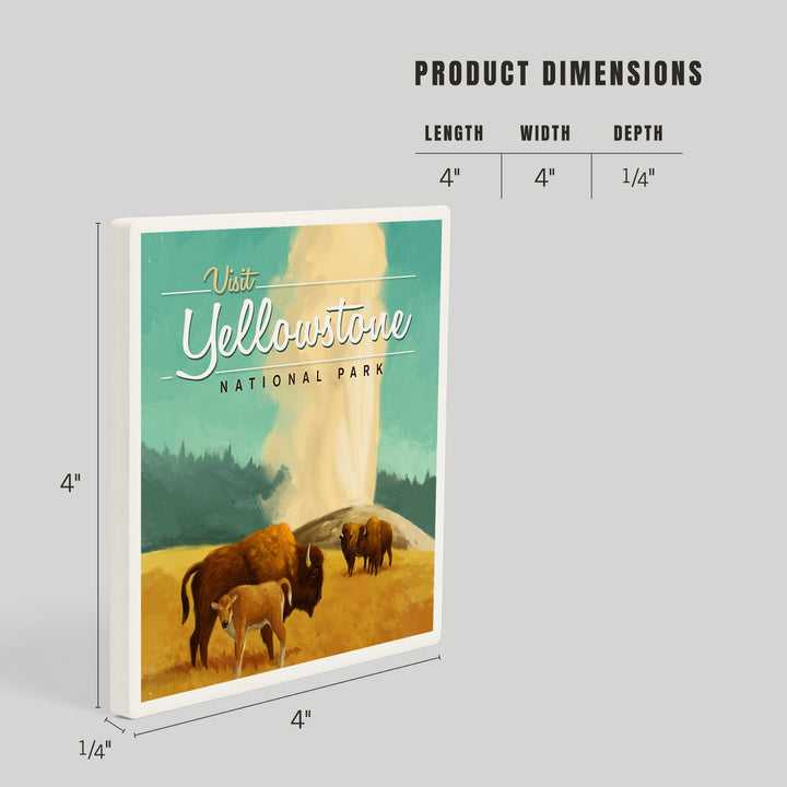 Yellowstone National Park, Oil Painting, Old Faithful and Bison, Coasters Coasters Lantern Press