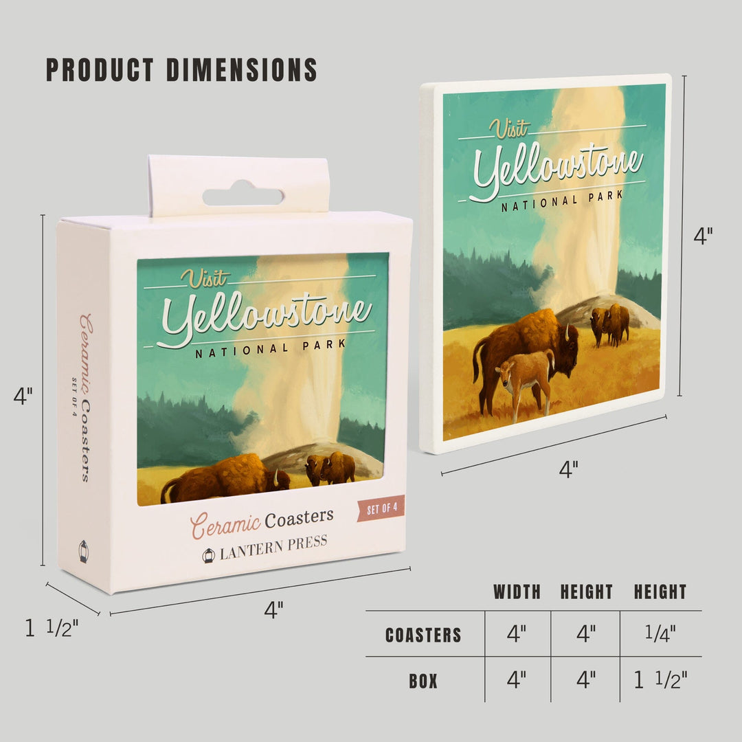 Yellowstone National Park, Oil Painting, Old Faithful and Bison, Coasters Coasters Lantern Press