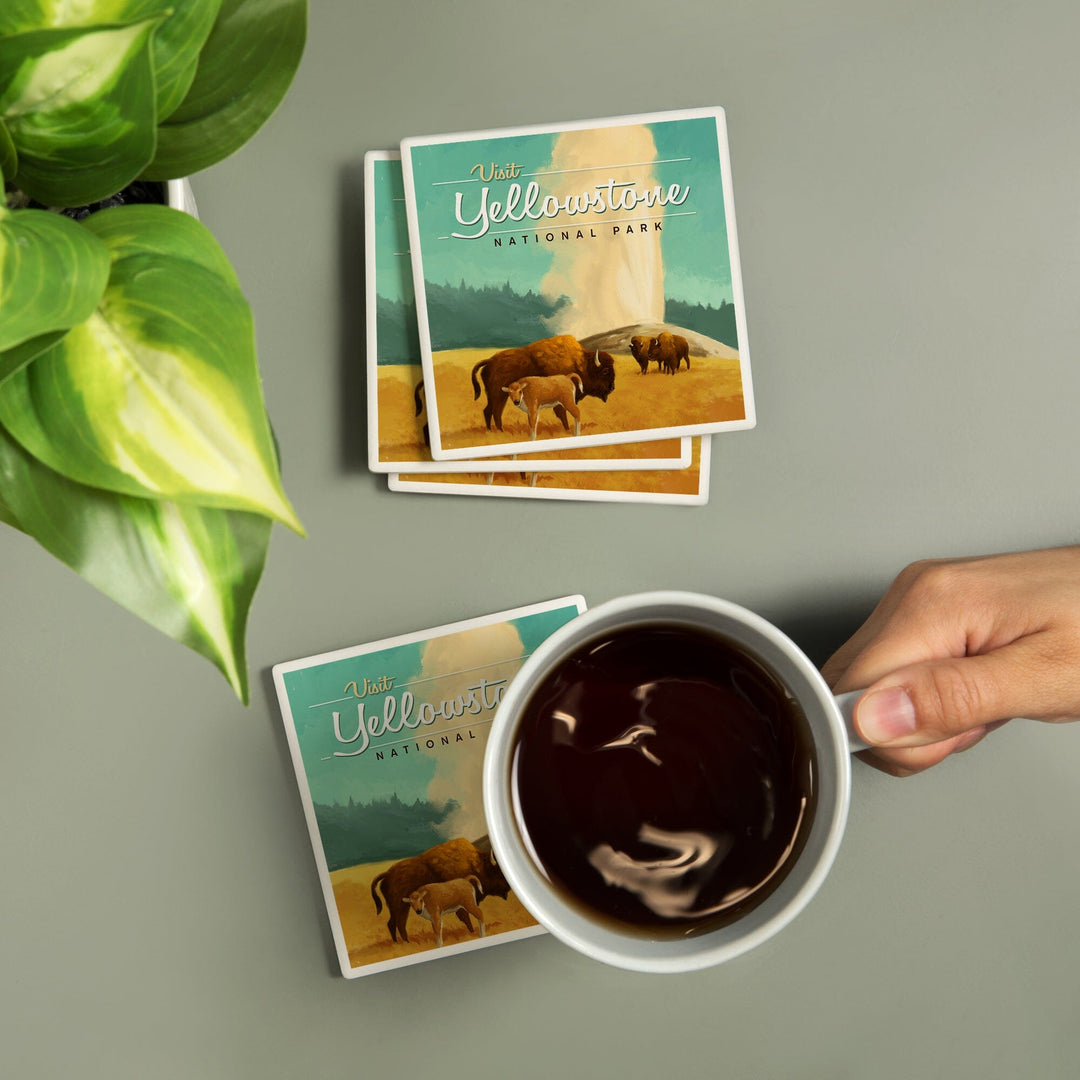 Yellowstone National Park, Oil Painting, Old Faithful and Bison, Coasters Coasters Lantern Press