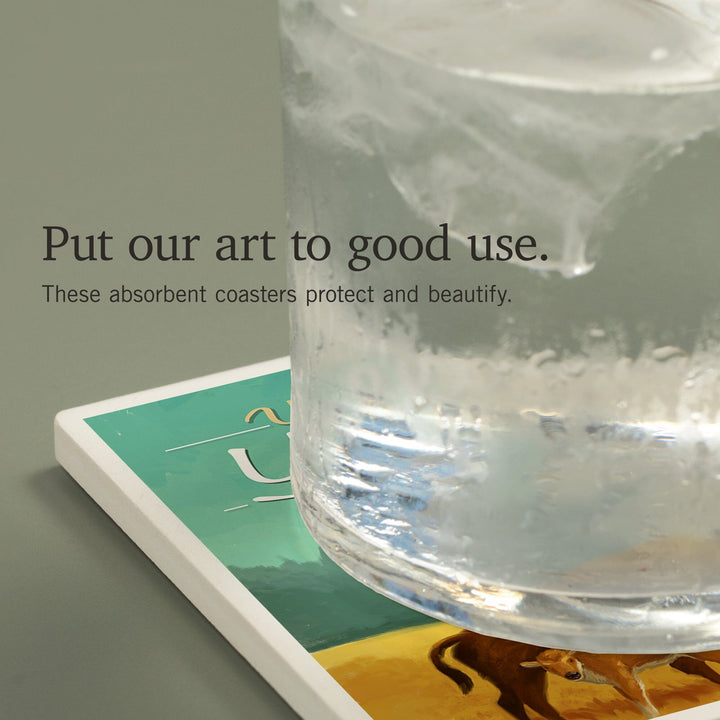 Yellowstone National Park, Oil Painting, Old Faithful and Bison, Coasters Coasters Lantern Press