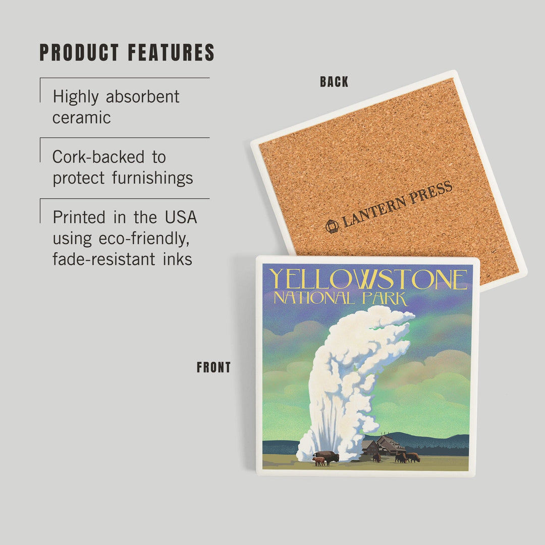 Yellowstone National Park, Old Faithful and Bison, Lithograph, Coasters Coasters Lantern Press