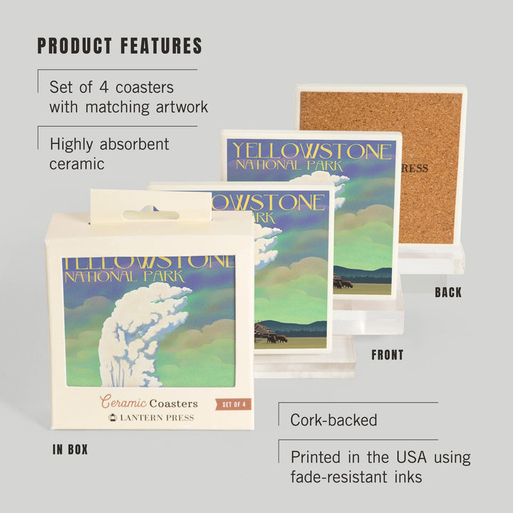 Yellowstone National Park, Old Faithful and Bison, Lithograph, Coasters Coasters Lantern Press