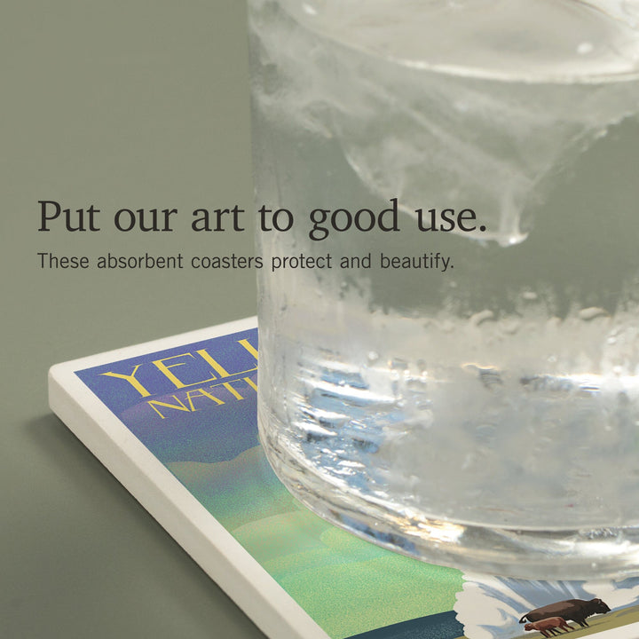 Yellowstone National Park, Old Faithful and Bison, Lithograph, Coasters Coasters Lantern Press