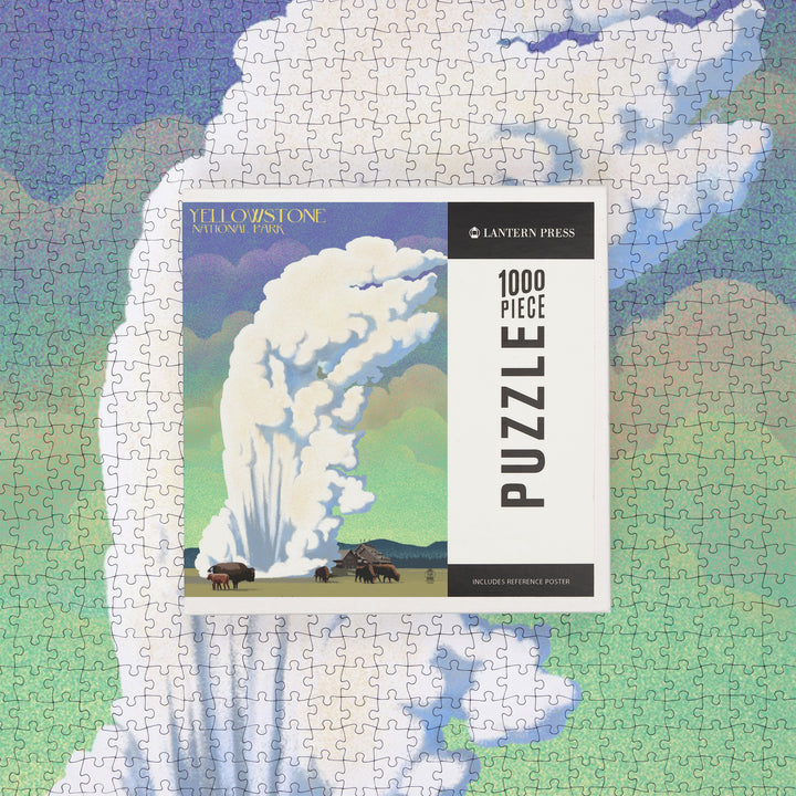 Yellowstone National Park, Old Faithful and Bison, Lithograph, Jigsaw Puzzle Puzzle Lantern Press