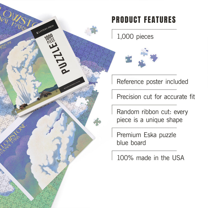 Yellowstone National Park, Old Faithful and Bison, Lithograph, Jigsaw Puzzle Puzzle Lantern Press