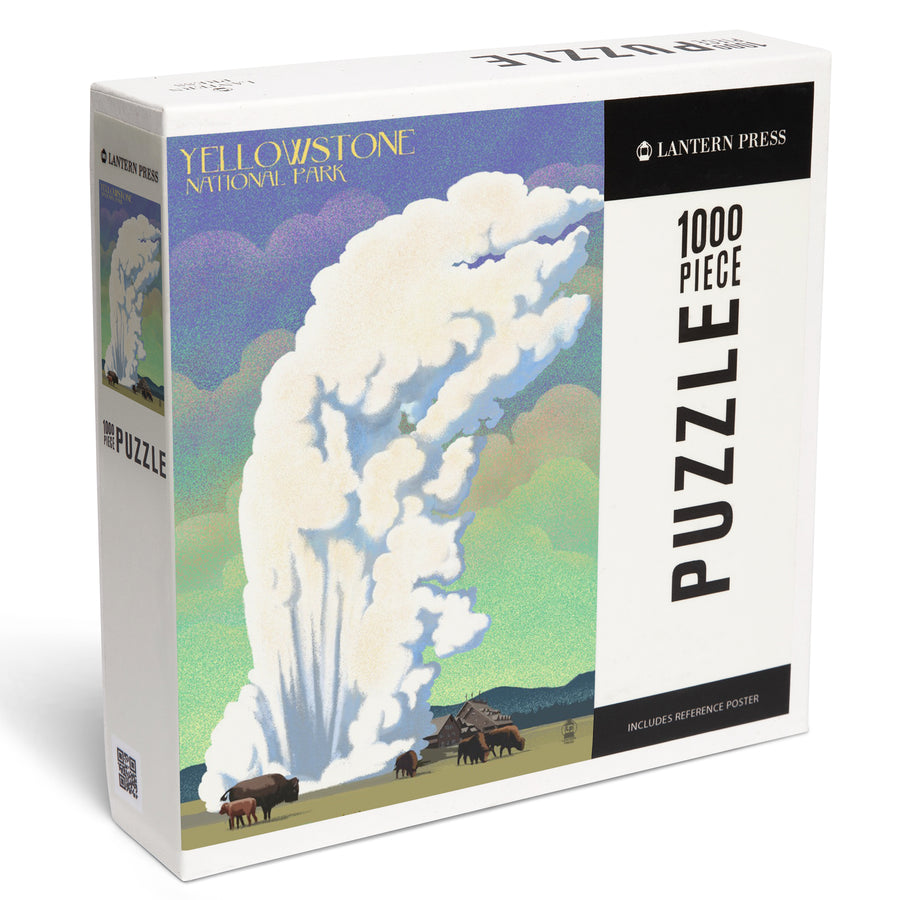Yellowstone National Park, Old Faithful and Bison, Lithograph, Jigsaw Puzzle Puzzle Lantern Press