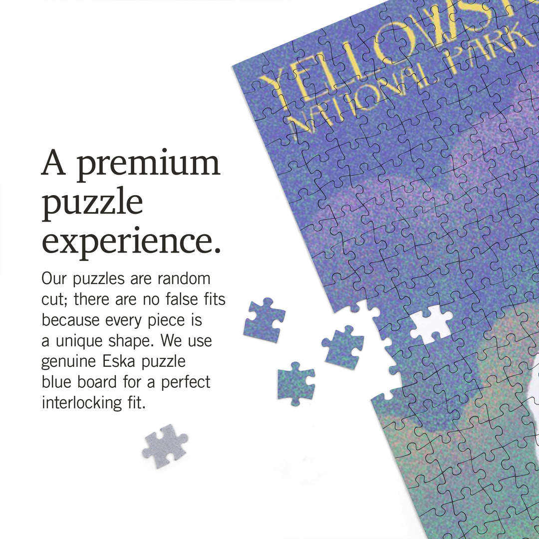 Yellowstone National Park, Old Faithful and Bison, Lithograph, Jigsaw Puzzle Puzzle Lantern Press