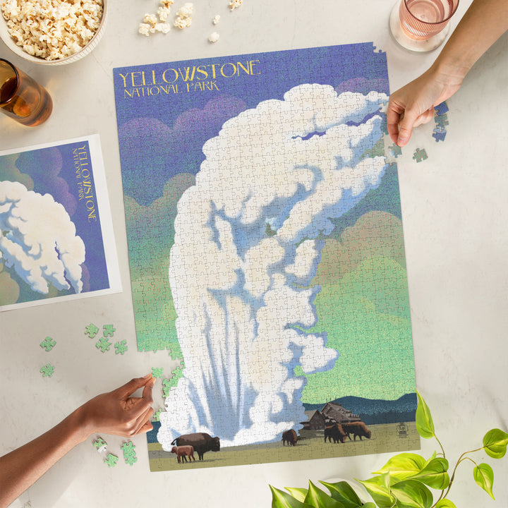 Yellowstone National Park, Old Faithful and Bison, Lithograph, Jigsaw Puzzle Puzzle Lantern Press