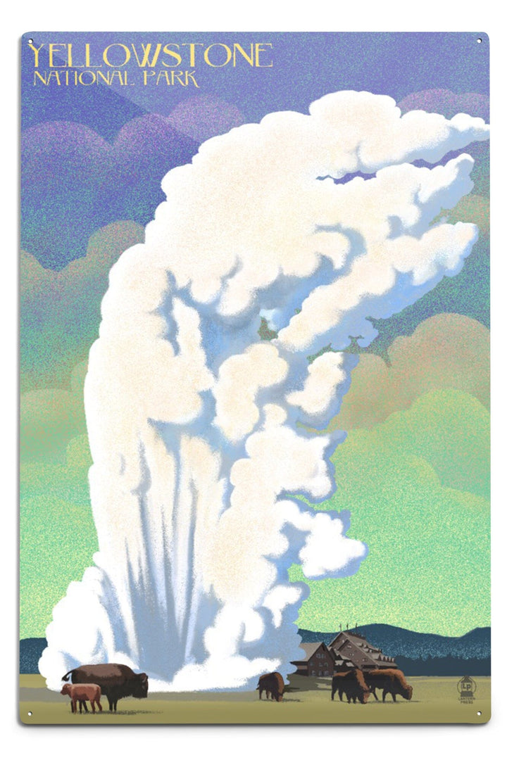 Yellowstone National Park, Old Faithful and Bison, Lithograph, Metal Signs Metal Lantern Press 12x18 Metal Sign