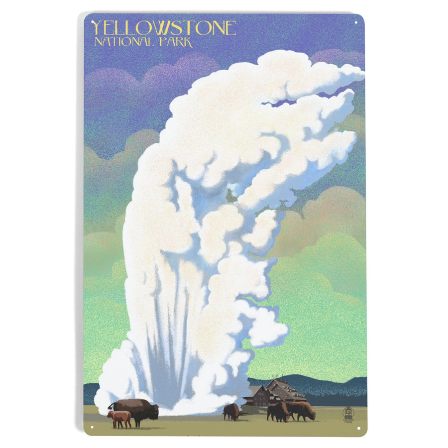 Yellowstone National Park, Old Faithful and Bison, Lithograph, Metal Signs Metal Lantern Press