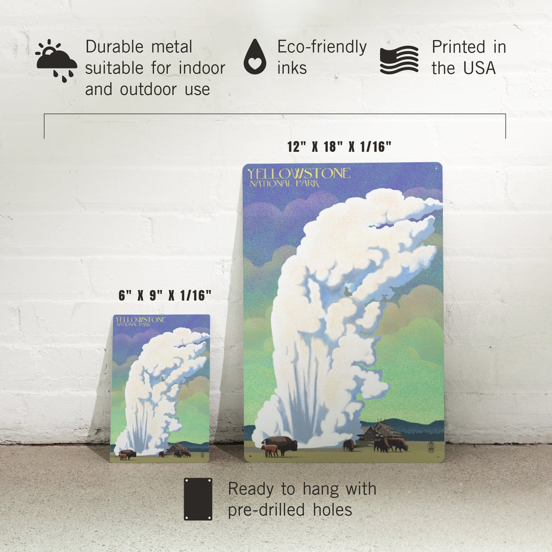 Yellowstone National Park, Old Faithful and Bison, Lithograph, Metal Signs Metal Lantern Press