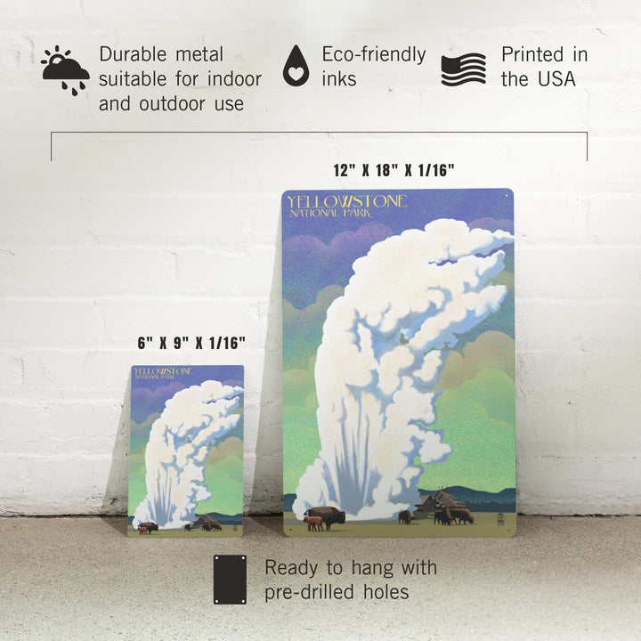 Yellowstone National Park, Old Faithful and Bison, Lithograph, Metal Signs Metal Lantern Press