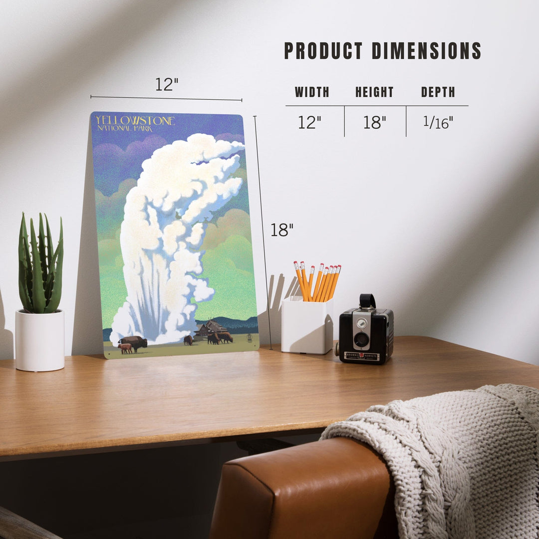 Yellowstone National Park, Old Faithful and Bison, Lithograph, Metal Signs Metal Lantern Press