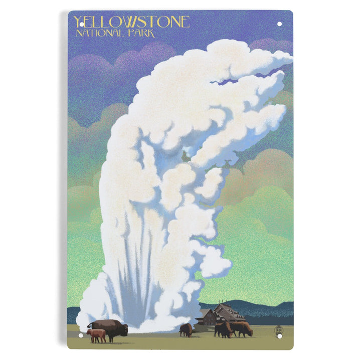 Yellowstone National Park, Old Faithful and Bison, Lithograph, Metal Signs Metal Lantern Press