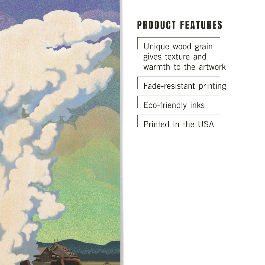 Yellowstone National Park, Old Faithful & Bison, Lithograph, Lantern Press Artwork, Wood Signs and Postcards Wood Lantern Press