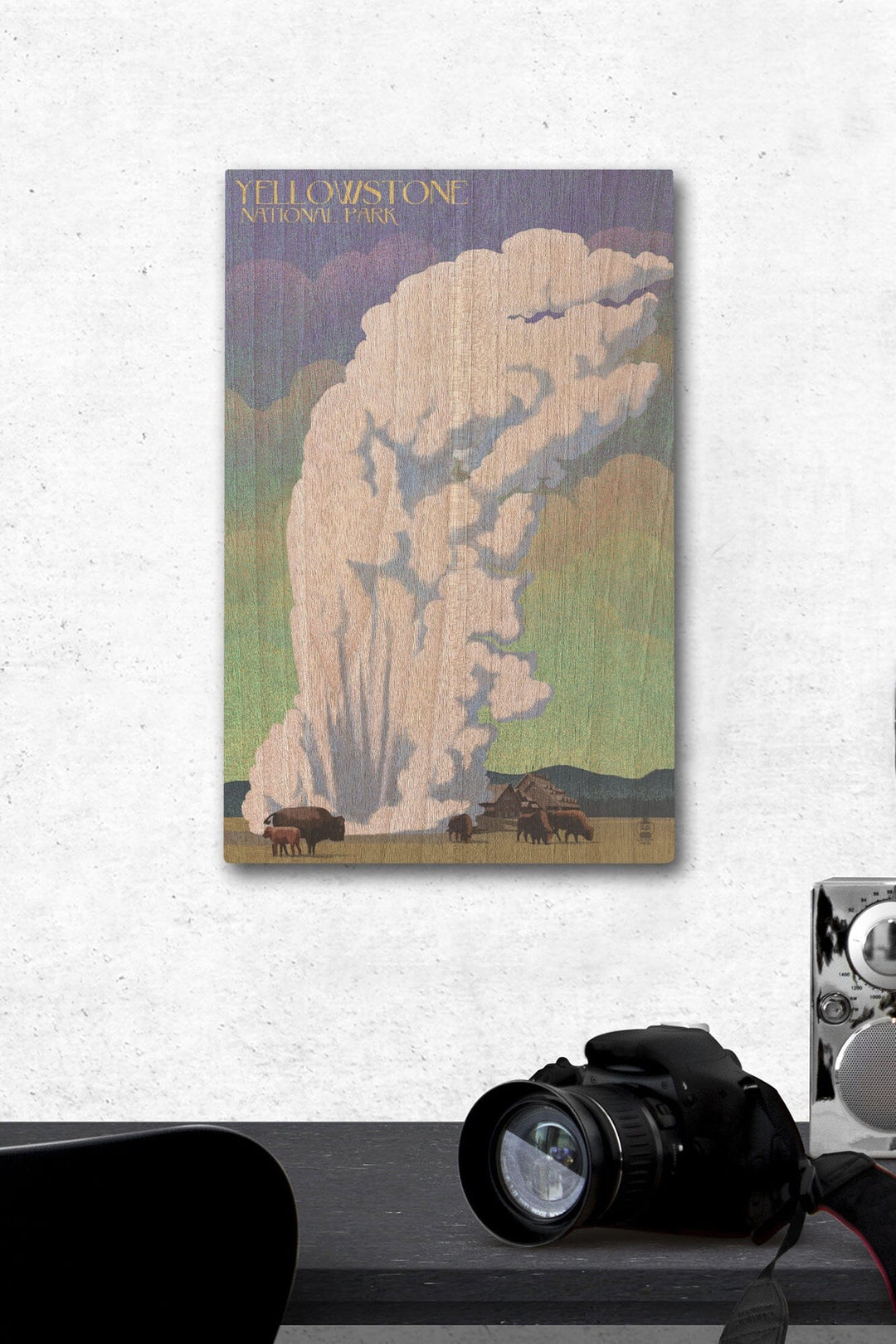 Yellowstone National Park, Old Faithful & Bison, Lithograph, Lantern Press Artwork, Wood Signs and Postcards Wood Lantern Press 12 x 18 Wood Gallery Print