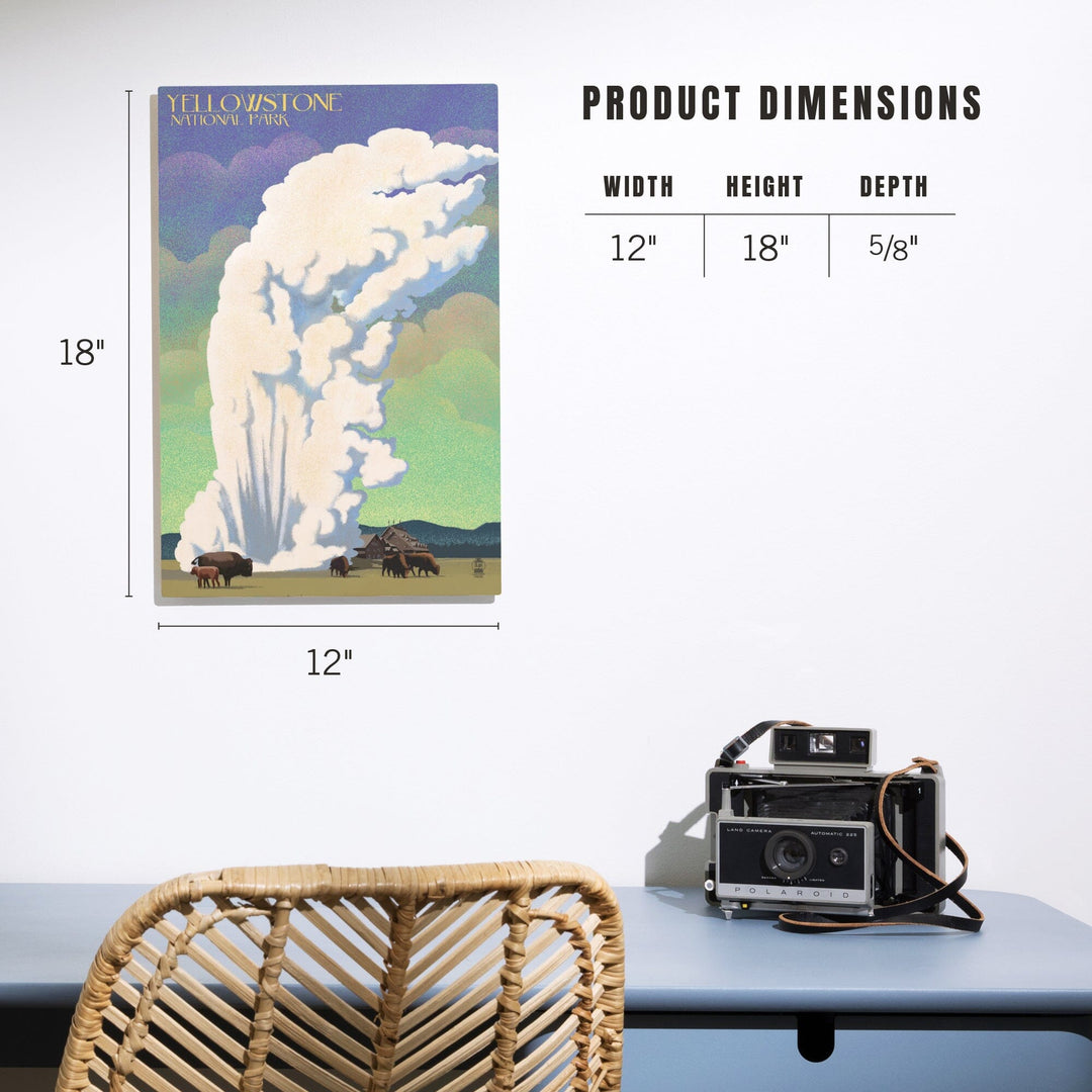 Yellowstone National Park, Old Faithful & Bison, Lithograph, Lantern Press Artwork, Wood Signs and Postcards Wood Lantern Press