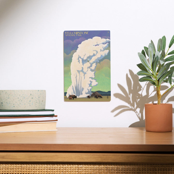 Yellowstone National Park, Old Faithful & Bison, Lithograph, Lantern Press Artwork, Wood Signs and Postcards Wood Lantern Press