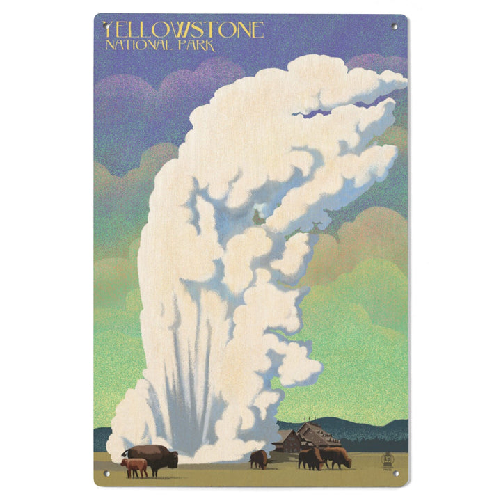 Yellowstone National Park, Old Faithful & Bison, Lithograph, Lantern Press Artwork, Wood Signs and Postcards Wood Lantern Press