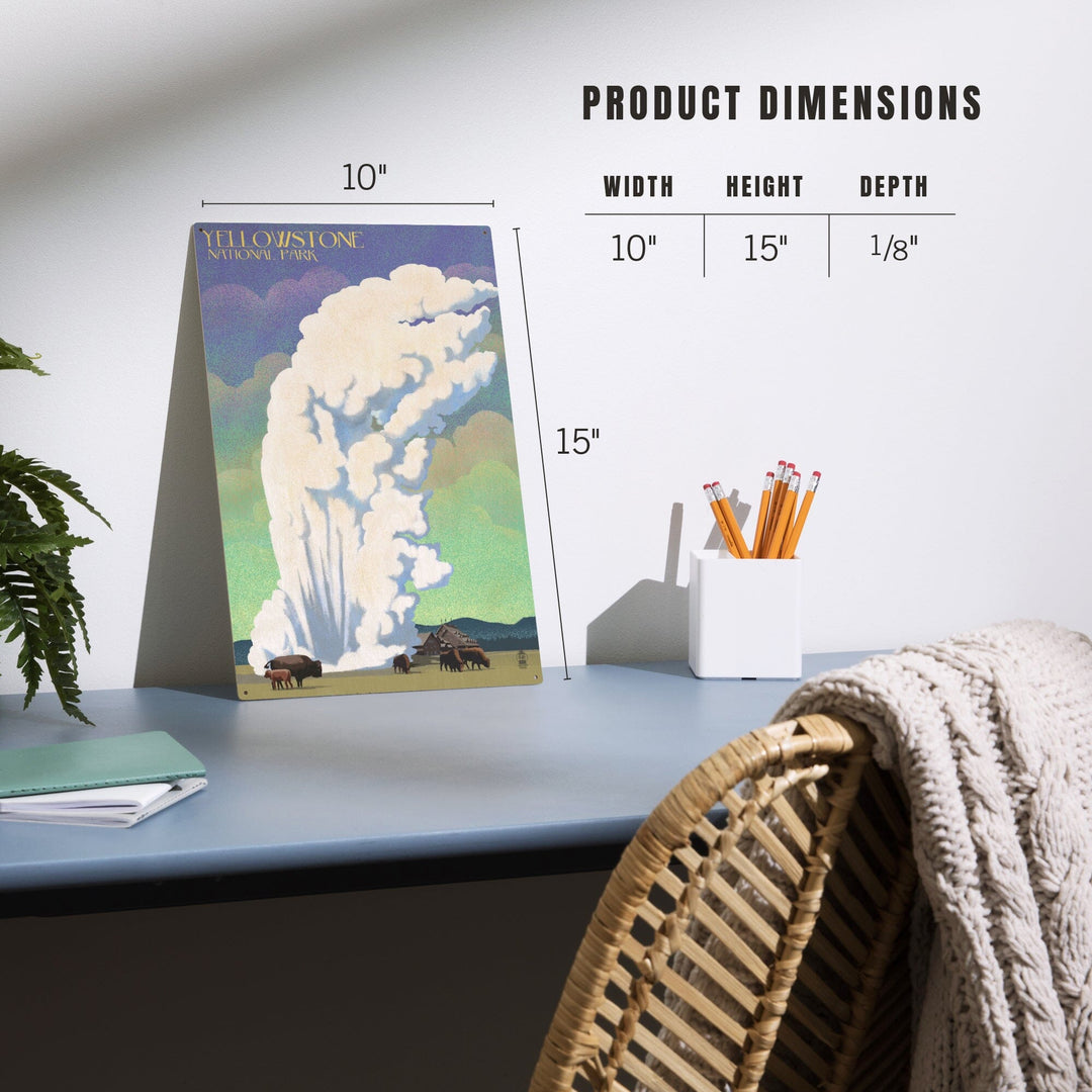 Yellowstone National Park, Old Faithful & Bison, Lithograph, Lantern Press Artwork, Wood Signs and Postcards Wood Lantern Press