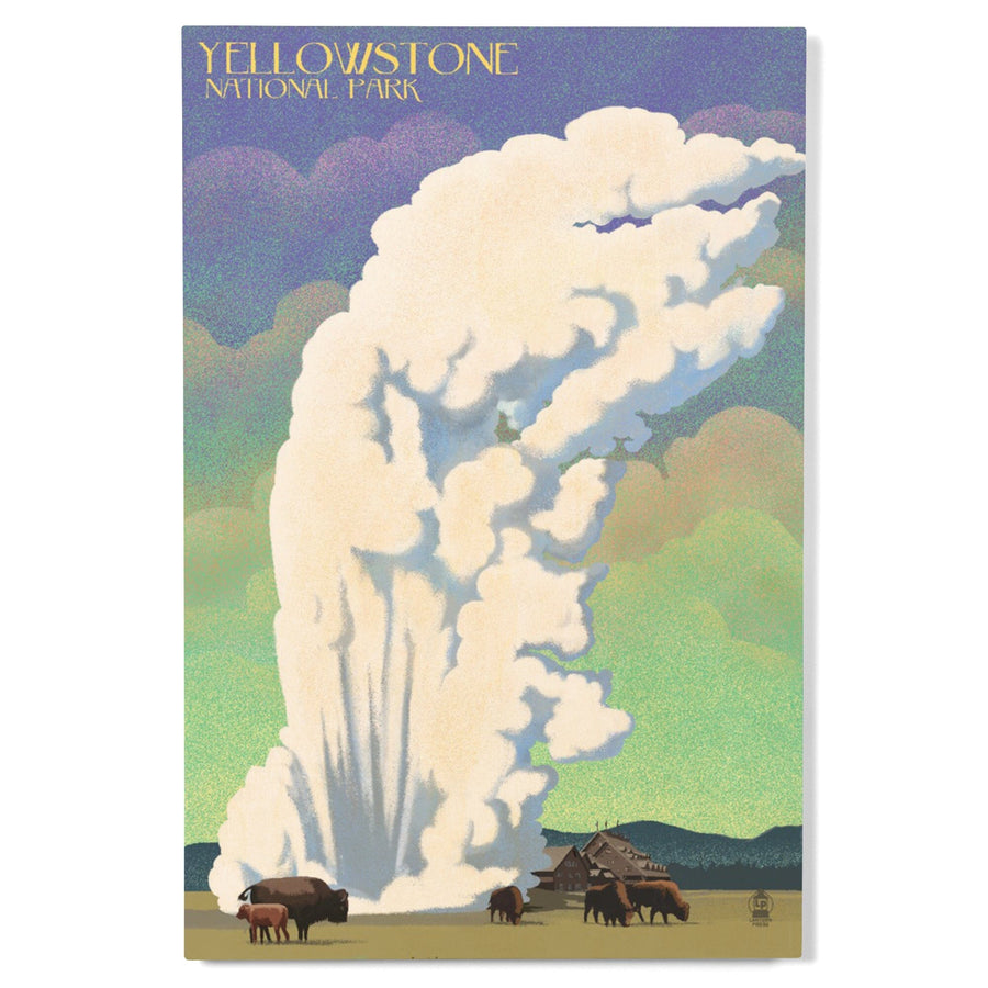 Yellowstone National Park, Old Faithful & Bison, Lithograph, Lantern Press Artwork, Wood Signs and Postcards Wood Lantern Press