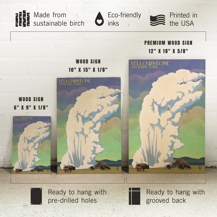 Yellowstone National Park, Old Faithful & Bison, Lithograph, Lantern Press Artwork, Wood Signs and Postcards Wood Lantern Press
