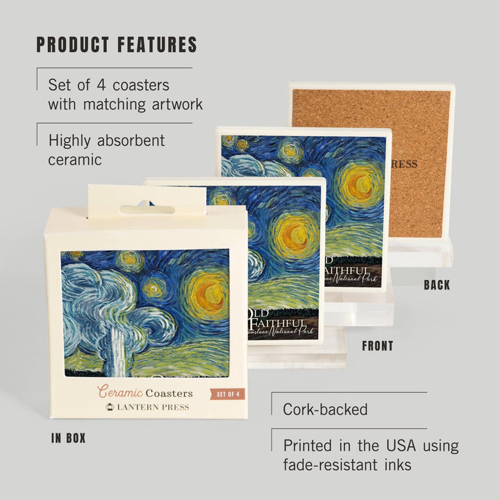 Yellowstone National Park, Old Faithful, Starry Night National Park Series, Coasters Coasters Lantern Press