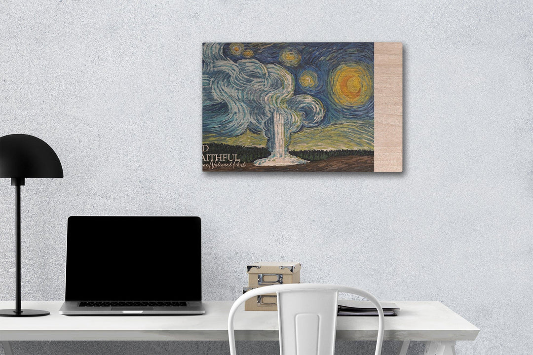 Yellowstone National Park, Old Faithful, Starry Night National Park Series, Lantern Press Artwork, Wood Signs and Postcards Wood Lantern Press 12 x 18 Wood Gallery Print
