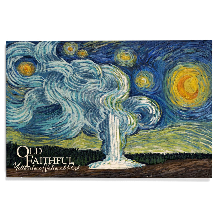 Yellowstone National Park, Old Faithful, Starry Night National Park Series, Lantern Press Artwork, Wood Signs and Postcards Wood Lantern Press
