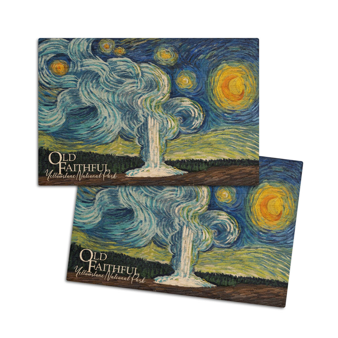 Yellowstone National Park, Old Faithful, Starry Night National Park Series, Lantern Press Artwork, Wood Signs and Postcards Wood Lantern Press 4x6 Wood Postcard Set