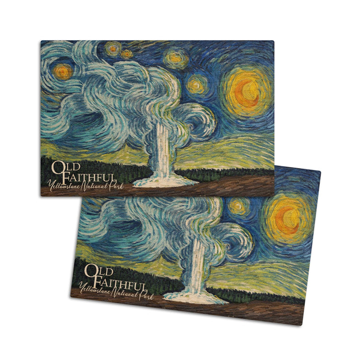 Yellowstone National Park, Old Faithful, Starry Night National Park Series, Lantern Press Artwork, Wood Signs and Postcards Wood Lantern Press 4x6 Wood Postcard Set