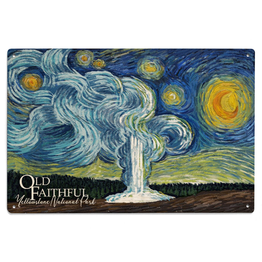 Yellowstone National Park, Old Faithful, Starry Night National Park Series, Lantern Press Artwork, Wood Signs and Postcards Wood Lantern Press