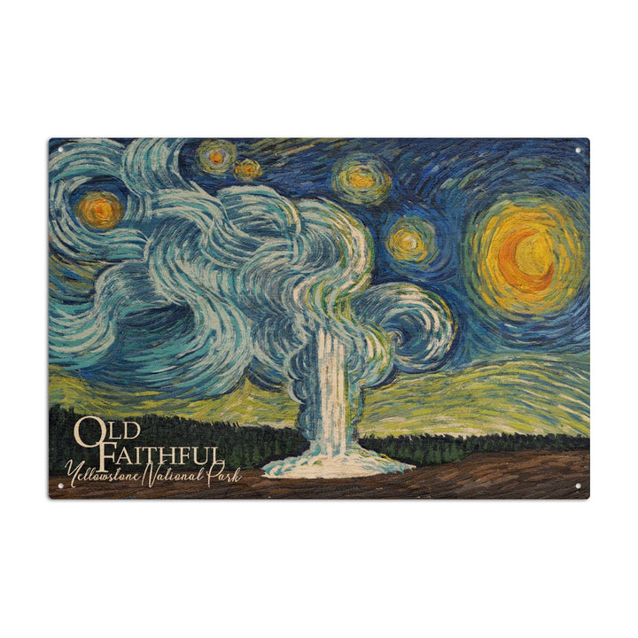 Yellowstone National Park, Old Faithful, Starry Night National Park Series, Lantern Press Artwork, Wood Signs and Postcards Wood Lantern Press 6x9 Wood Sign