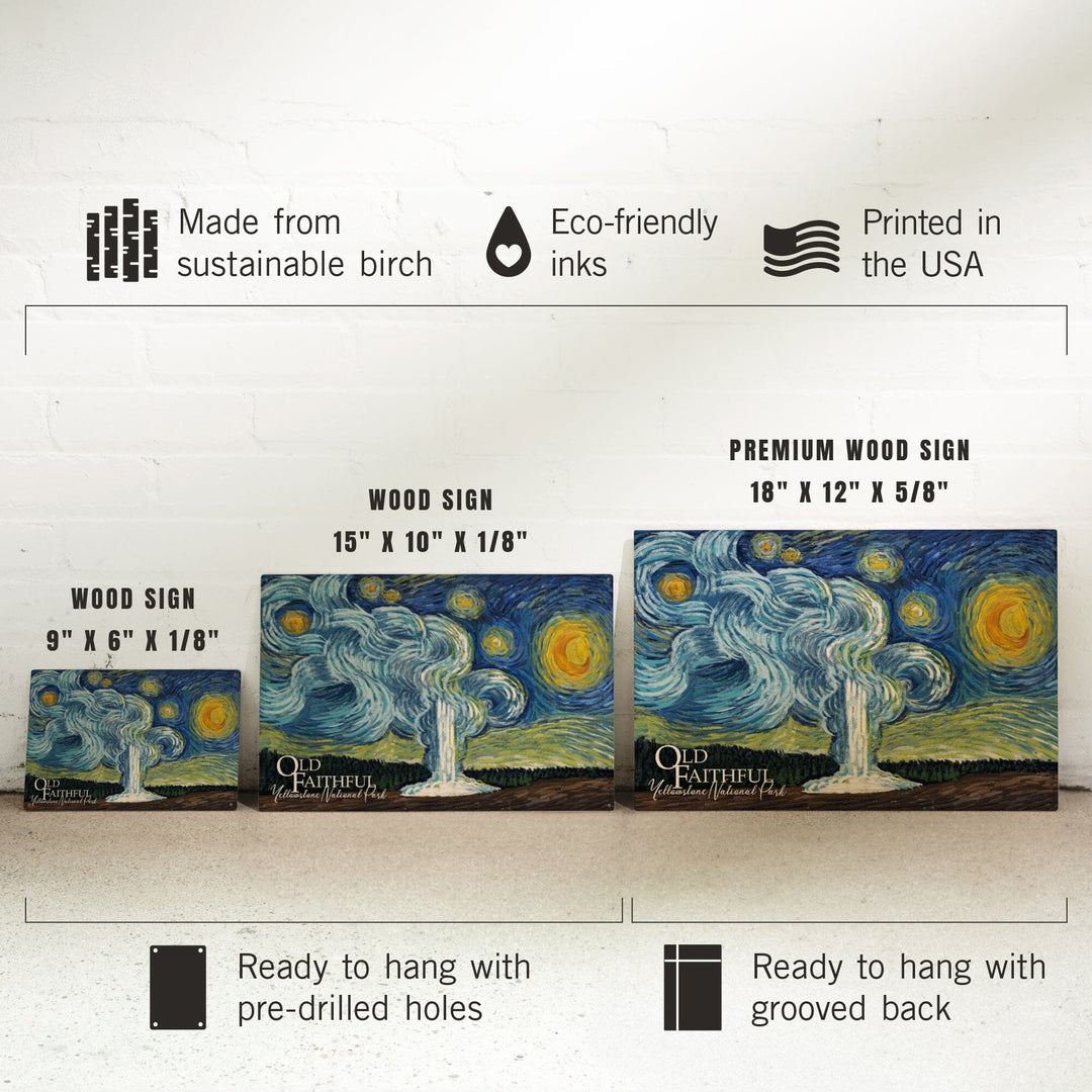 Yellowstone National Park, Old Faithful, Starry Night National Park Series, Lantern Press Artwork, Wood Signs and Postcards Wood Lantern Press