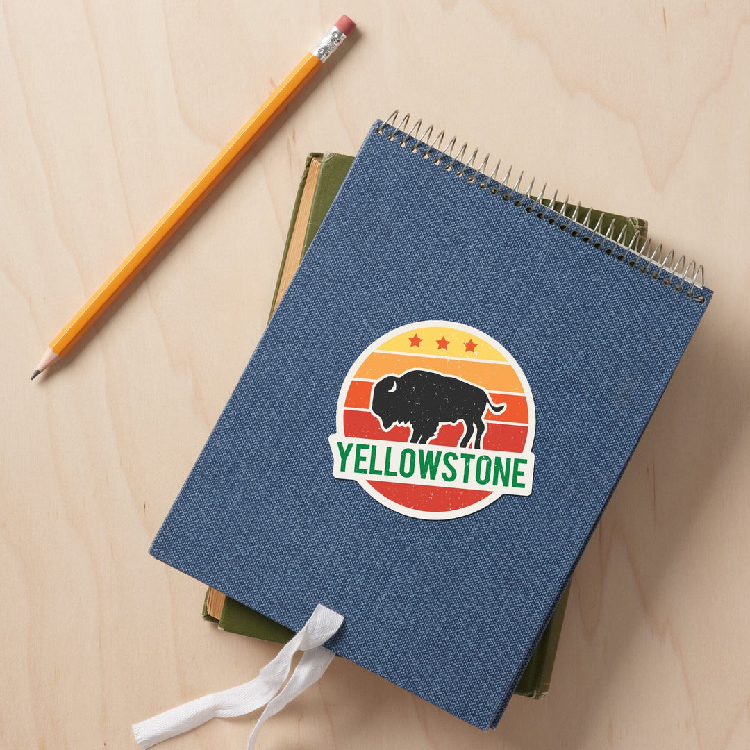 Yellowstone National Park, Sun & Bison, Contour, Lantern Press Artwork, Vinyl Sticker Sticker Lantern Press