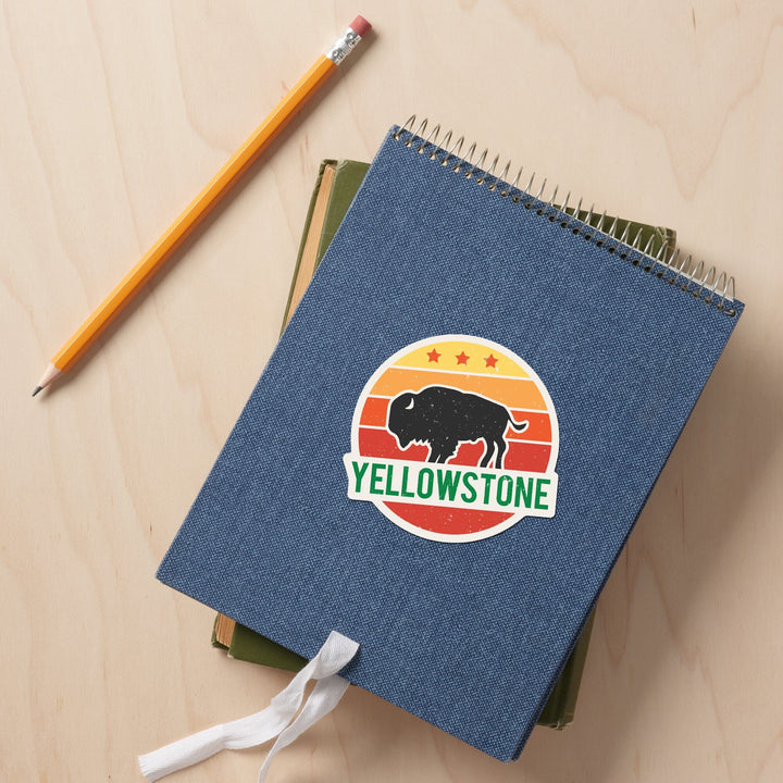 Yellowstone National Park, Sun & Bison, Contour, Lantern Press Artwork, Vinyl Sticker Sticker Lantern Press