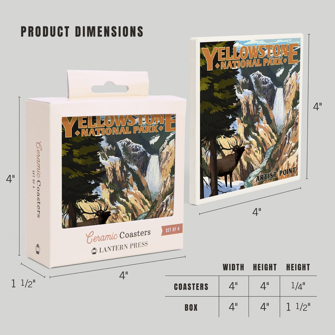 Yellowstone National Park, Wyoming, Artist Point and Elk, Coasters Coasters Lantern Press