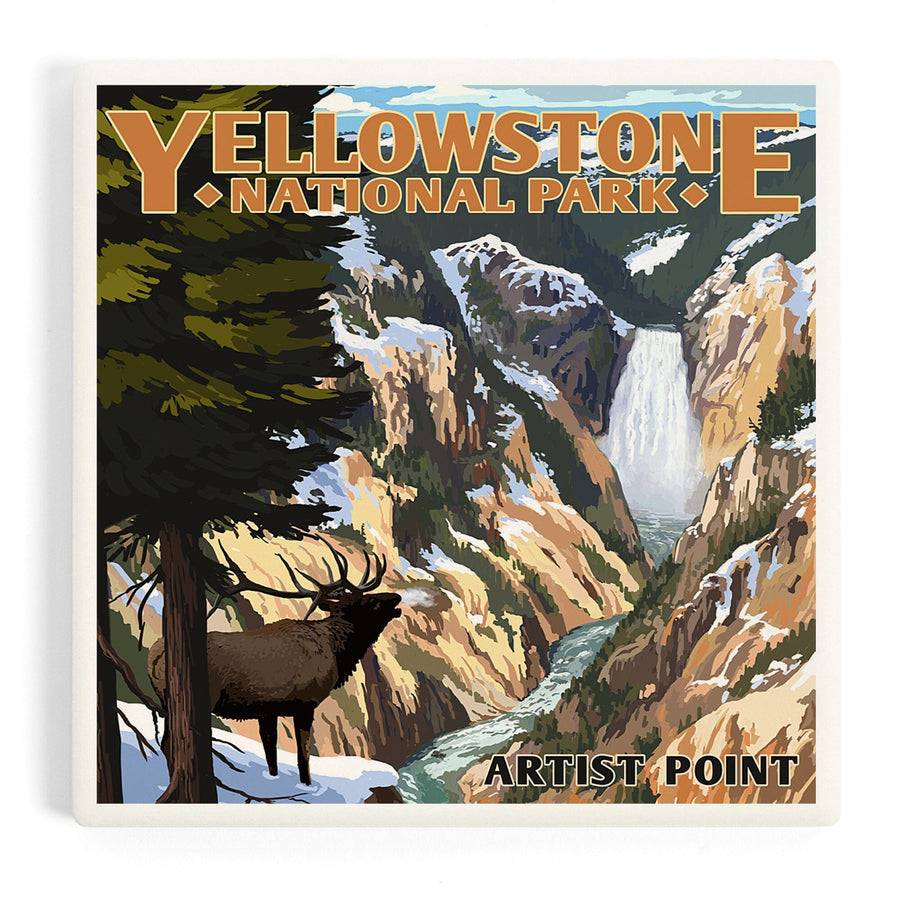 Yellowstone National Park, Wyoming, Artist Point and Elk, Coasters Coasters Lantern Press