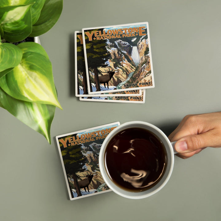 Yellowstone National Park, Wyoming, Artist Point and Elk, Coasters Coasters Lantern Press