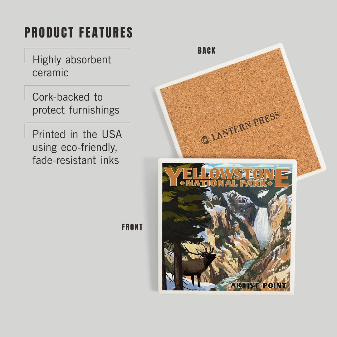 Yellowstone National Park, Wyoming, Artist Point and Elk, Coasters Coasters Lantern Press
