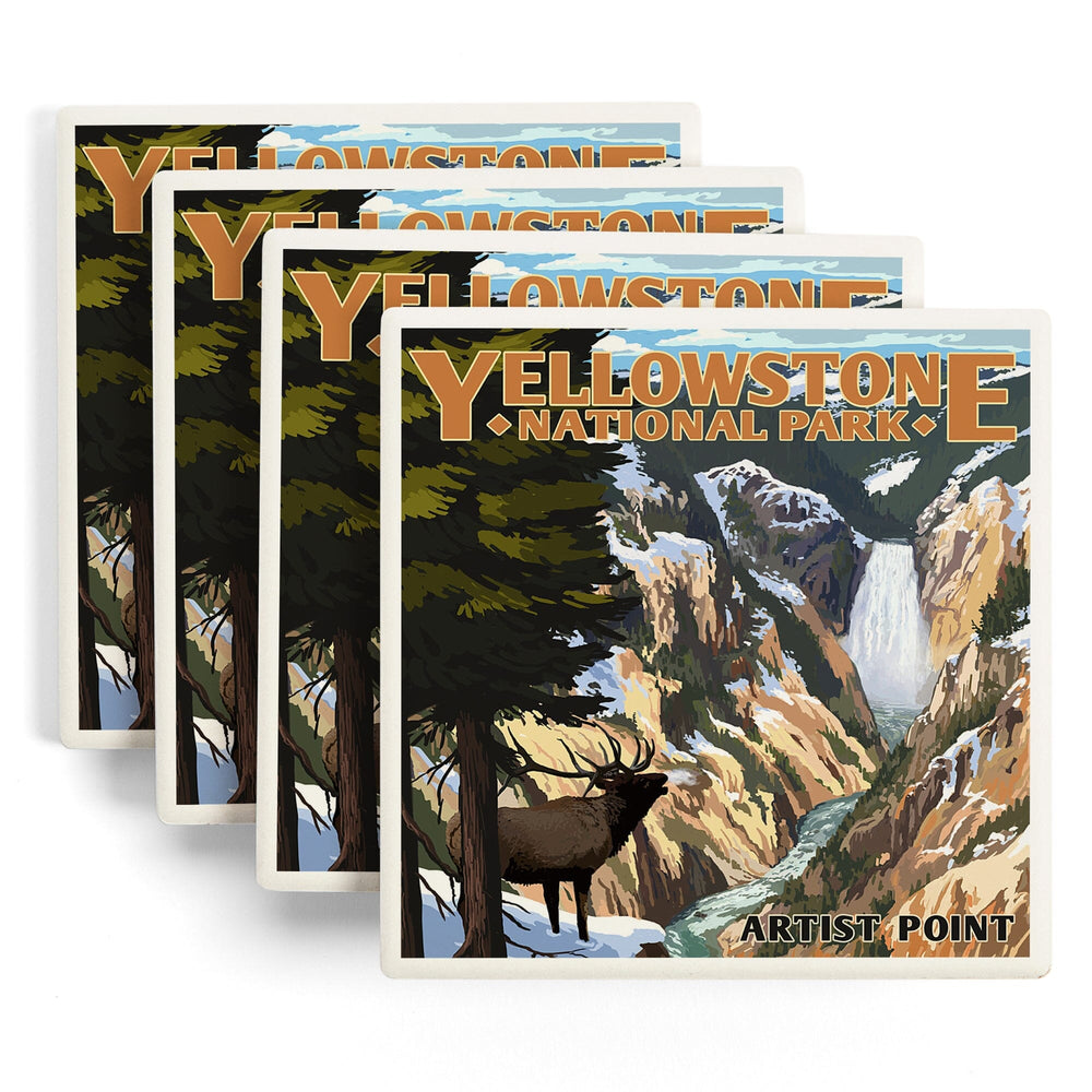 Yellowstone National Park, Wyoming, Artist Point and Elk, Coasters Coasters Lantern Press