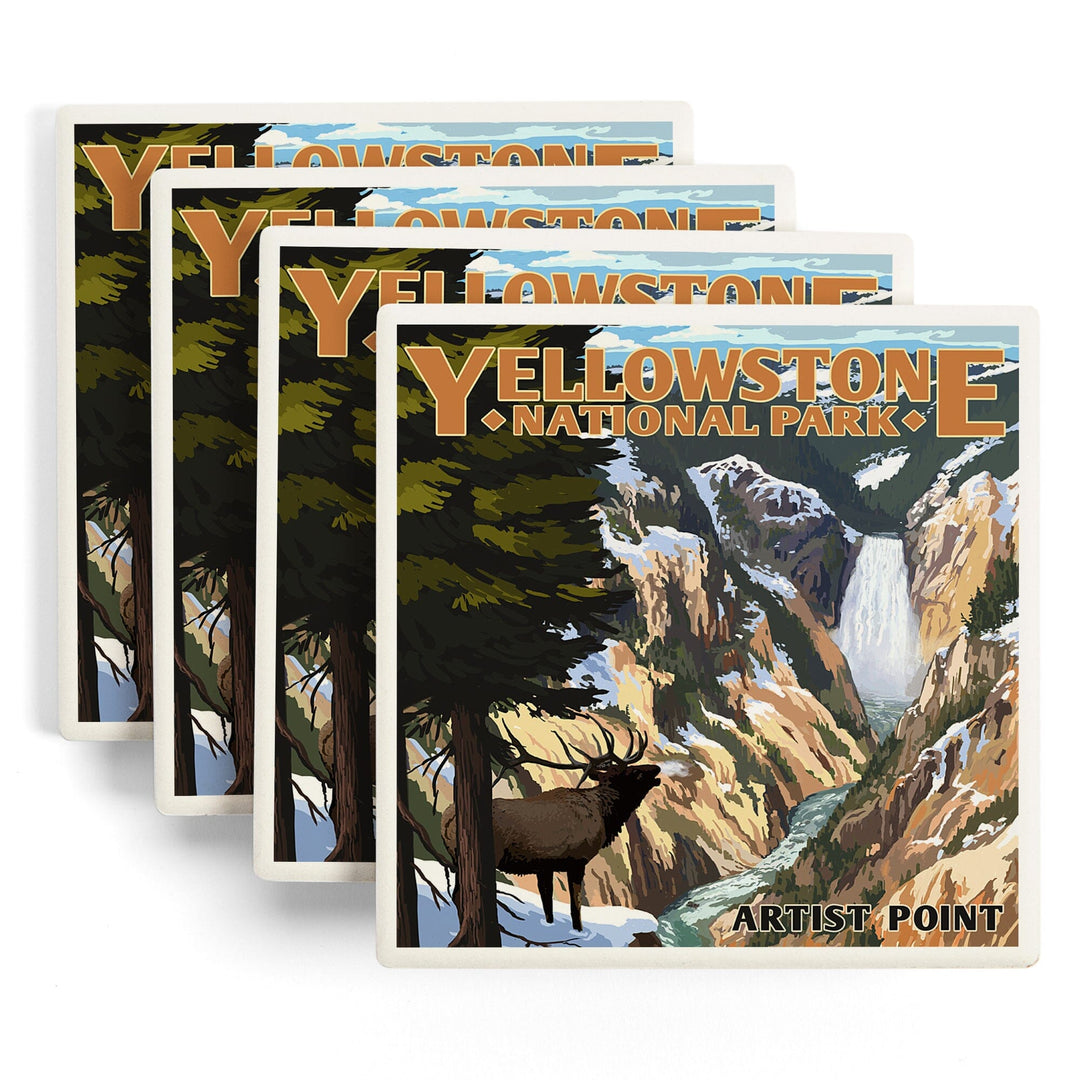 Yellowstone National Park, Wyoming, Artist Point and Elk, Coasters Coasters Lantern Press