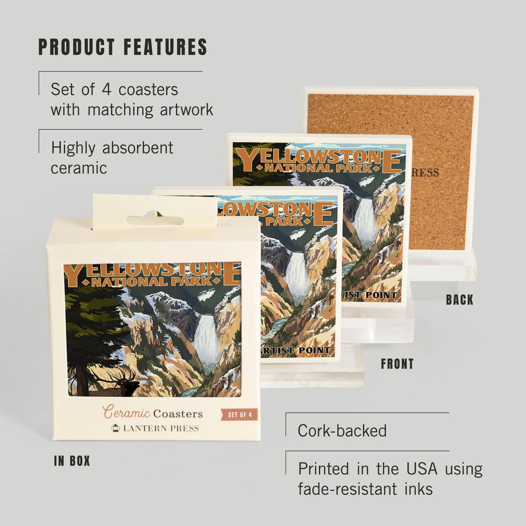 Yellowstone National Park, Wyoming, Artist Point and Elk, Coasters Coasters Lantern Press