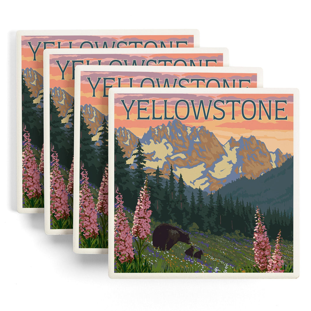 Yellowstone National Park, Wyoming, Bear and Cubs with Flowers, Coasters Coasters Lantern Press
