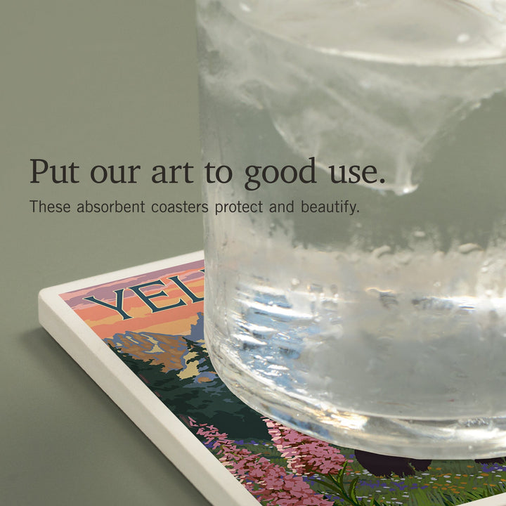 Yellowstone National Park, Wyoming, Bear and Cubs with Flowers, Coasters Coasters Lantern Press