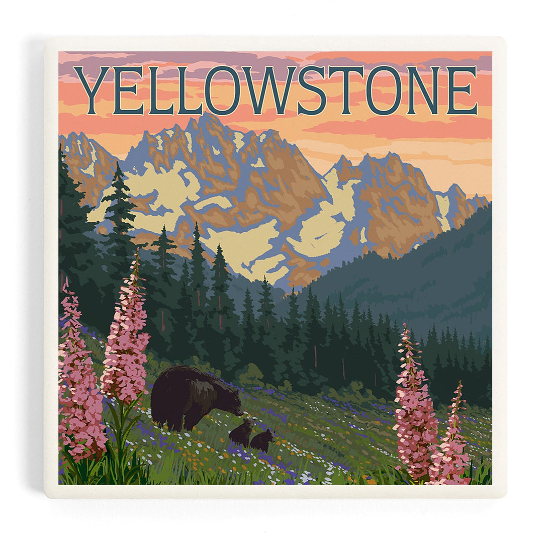 Yellowstone National Park, Wyoming, Bear and Cubs with Flowers, Coasters Coasters Lantern Press