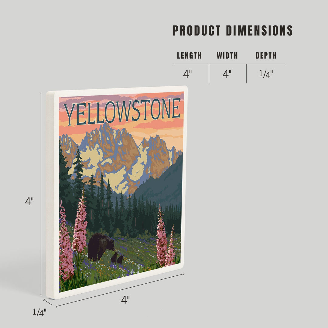 Yellowstone National Park, Wyoming, Bear and Cubs with Flowers, Coasters Coasters Lantern Press