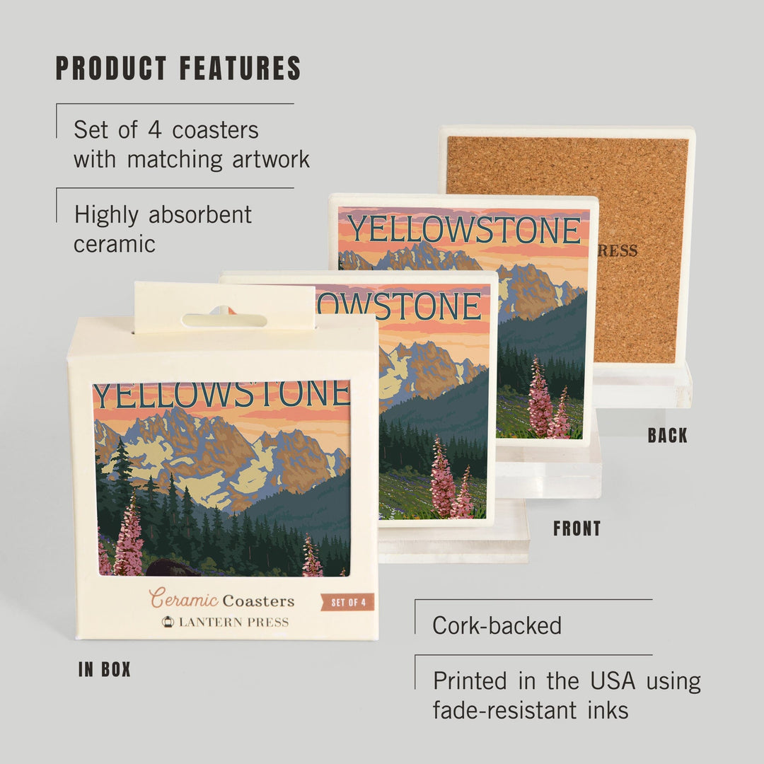 Yellowstone National Park, Wyoming, Bear and Cubs with Flowers, Coasters Coasters Lantern Press