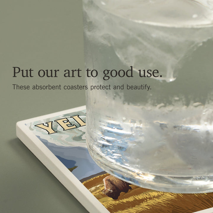 Yellowstone National Park, Wyoming, Bison and Old Faithful, Coasters Coasters Lantern Press