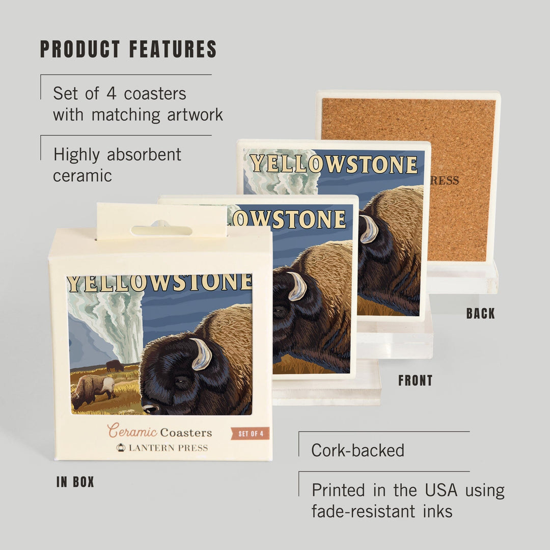 Yellowstone National Park, Wyoming, Bison and Old Faithful, Coasters Coasters Lantern Press